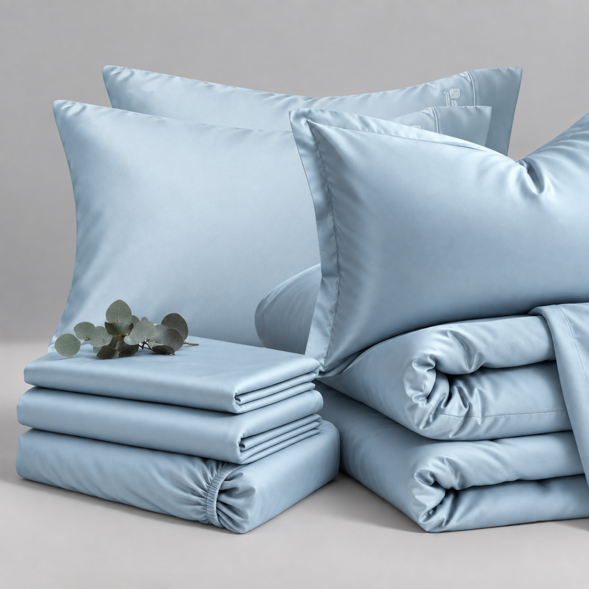 Complete eucalyptus TENCEL bedding set in pale blue: pillowcases, folded flat and fitted sheets and a rolled duvet cover